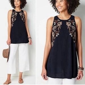J Jill Women's Size 1X Embroidered Floral Boho Navy Crinkle Sleeveless Blouse